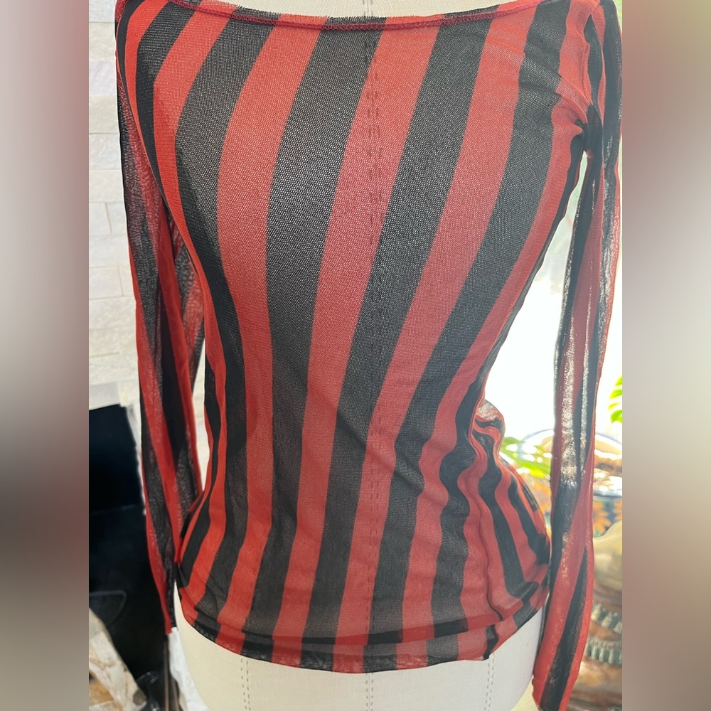 New without tags Jean Paul Gaultier red and black stripe long sleeve mesh top